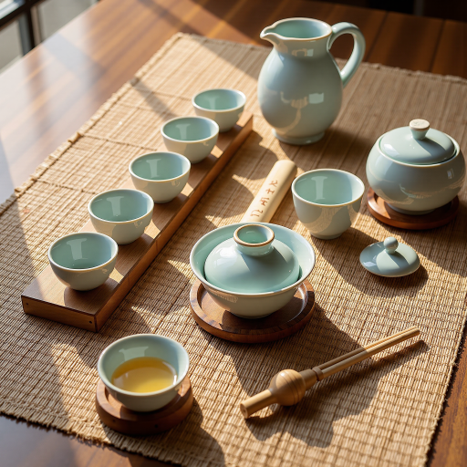一套精美的陶瓷茶具,包含茶壶、茶杯和茶盘,设计典雅,釉色温润